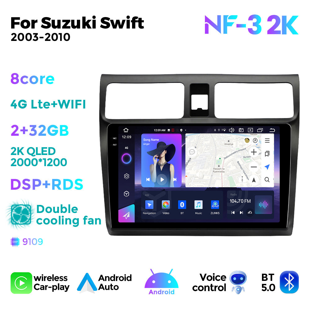 NaviFly NF Series Android 14 8G+256G 2K QLED screen CarPlay Auto DSP RDS 4GLte WIFI For Suzuki Swift 2003-2010 10inch