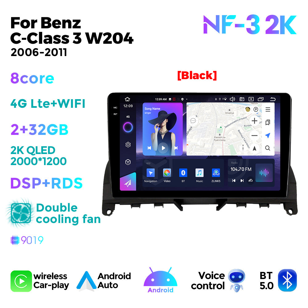 NaviFly NF Series Android 14 8G+256G 2K QLED screen CarPlay Auto DSP RDS 4GLte WIFI For Mercedes Benz C-Class 3 W204 2006-2011 9.5Inch