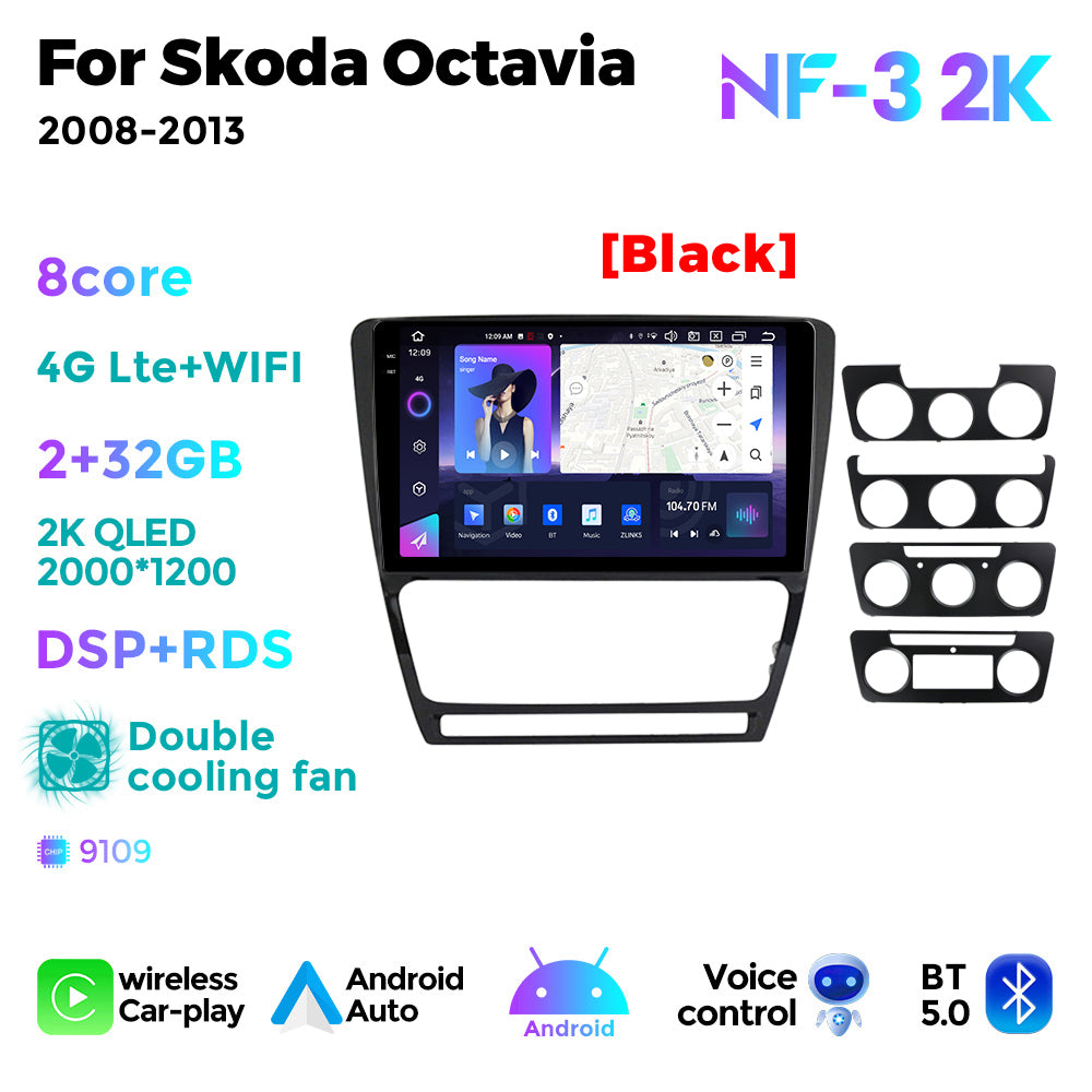 NaviFly NF Series Android 14 8G+256G 2K QLED screen CarPlay Auto DSP RDS 4GLte WIFI For Skoda Octavia 2008-2013 10inch Silver Black