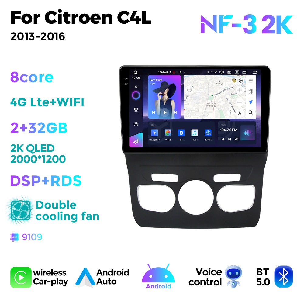 NaviFly NF Series Android 14 8G+256G 2K QLED screen CarPlay Auto DSP RDS 4GLte WIFI For Citroen C4L 2013-2016 10inch