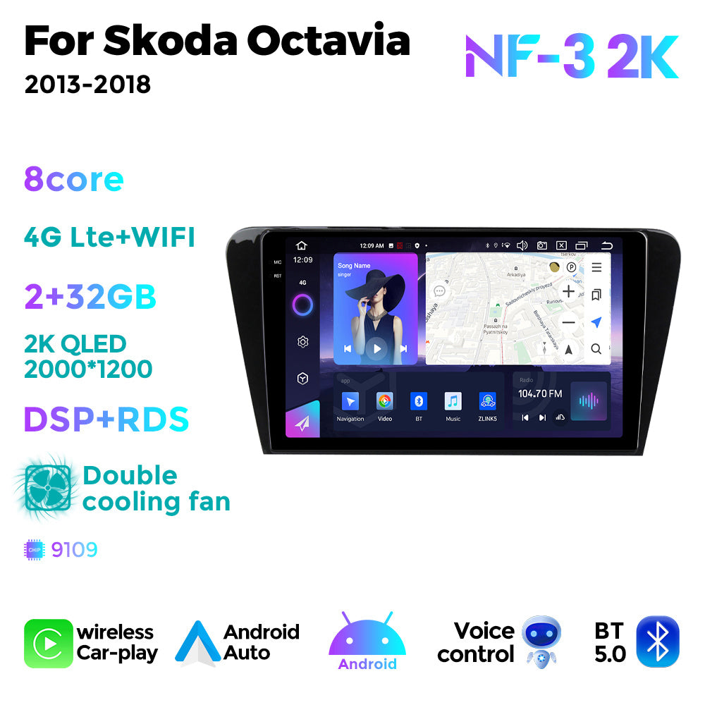 NaviFly NF Series Android 14 8G+256G 2K QLED screen CarPlay Auto DSP RDS 4GLte WIFI For Skoda Octavia 2013-2018 10inch