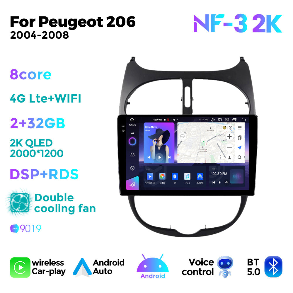 NaviFly NF Series Android 14 8G+256G 2K QLED screen CarPlay Auto DSP RDS 4GLte WIFI For Peugeot 206 2004-2008 9inch