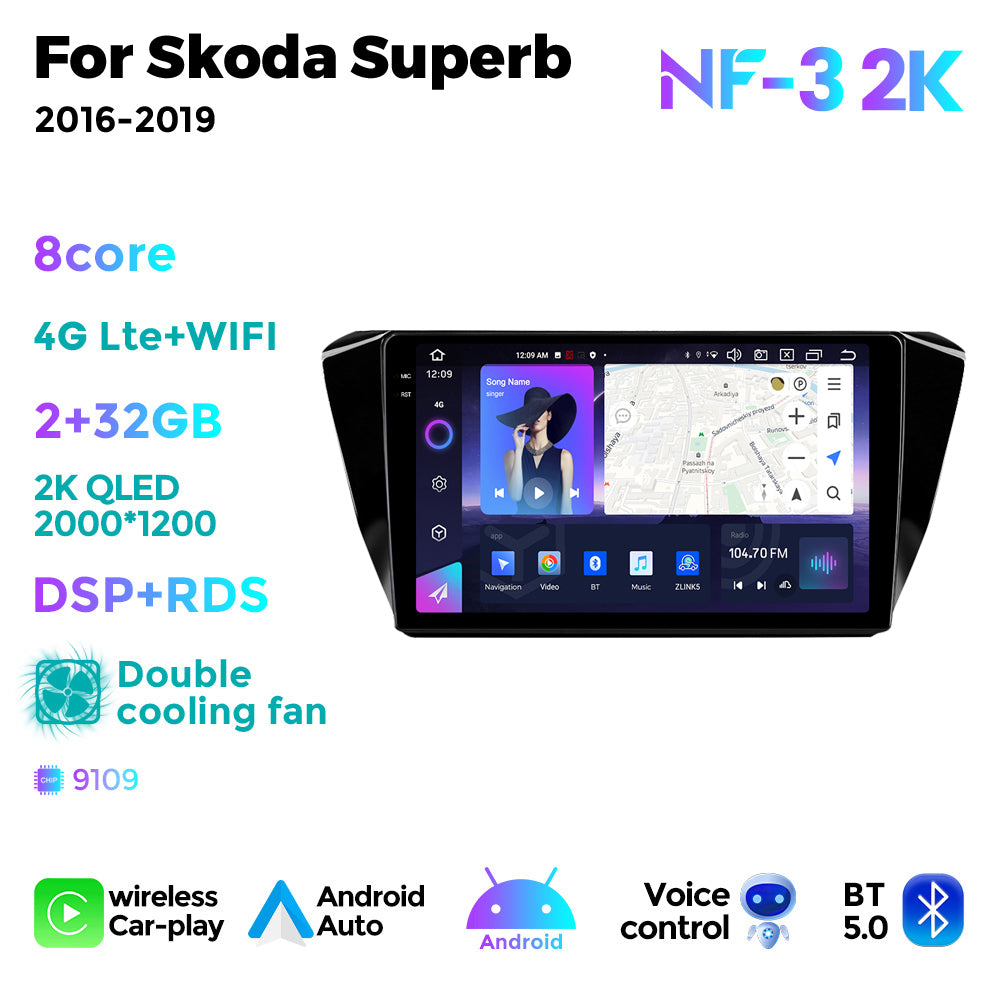 NaviFly NF Series Android 14 8G+256G 2K QLED screen CarPlay Auto DSP RDS 4GLte WIFI For Skoda Superb 2016-2019 10inch