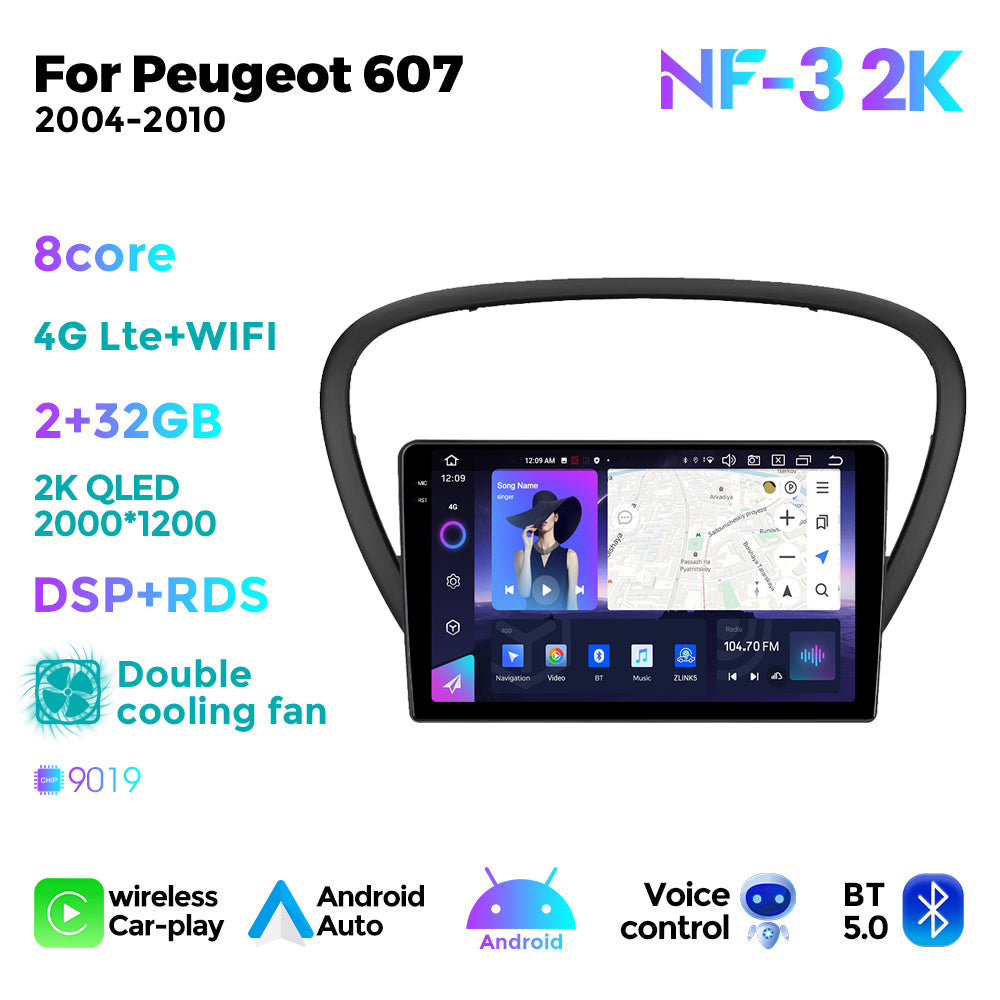 NaviFly NF Series Android 14 8G+256G 2K QLED screen CarPlay Auto DSP RDS 4GLte WIFI For Peugeot 607 2004-2010 9inch