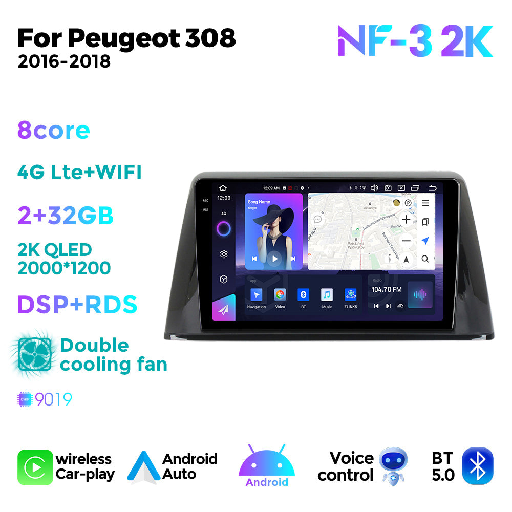 NaviFly NF Series Android 14 8G+256G 2K QLED screen CarPlay Auto DSP RDS 4GLte WIFI For Peugeot 308 2016-2018 9inch