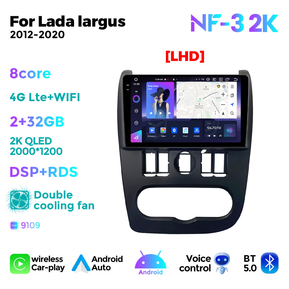 NaviFly NF Series Android 14 8G+256G 2K QLED screen CarPlay Auto DSP RDS 4GLte WIFI For Lada largus 2012-2020 LHD 9inch