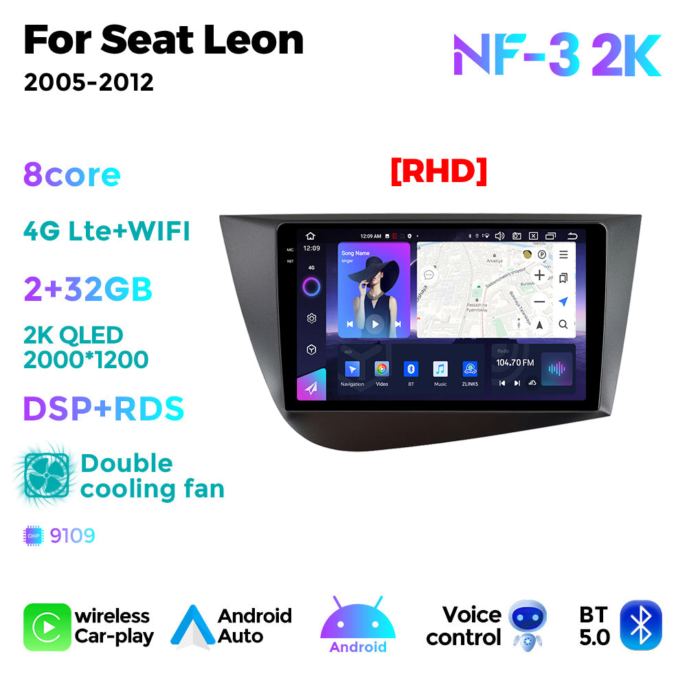 NaviFly NF Series Android 14 8G+256G 2K QLED screen CarPlay Auto DSP RDS 4GLte WIFI For Seat Leon 2005-2012 9inch