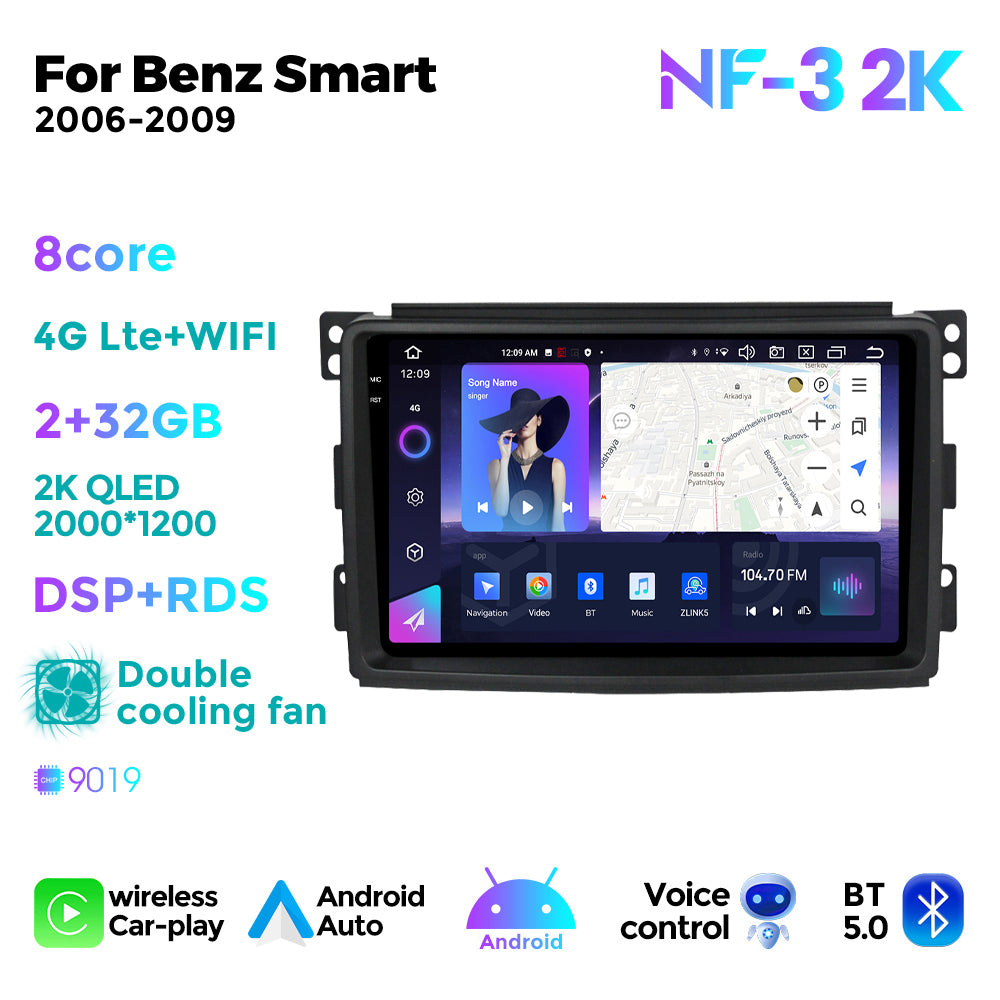 NaviFly NF Series Android 14 8G+256G 2K QLED screen CarPlay Auto DSP RDS 4GLte WIFI For Mercedes Benz Smart 2006-2009 9.5Inch