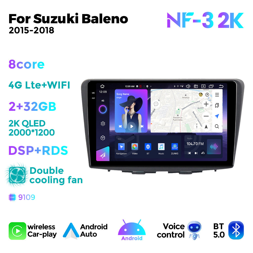 NaviFly NF Series Android 14 8G+256G 2K QLED screen CarPlay Auto DSP RDS 4GLte WIFI For Suzuki Baleno 2015-2018 9inch