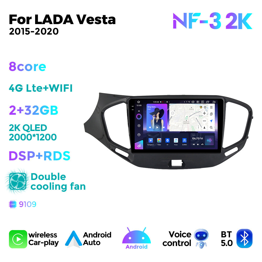 NaviFly NF Series Android 14 8G+256G 2K QLED screen CarPlay Auto DSP RDS 4GLte WIFI For LADA Vesta 2015-2020 9inch
