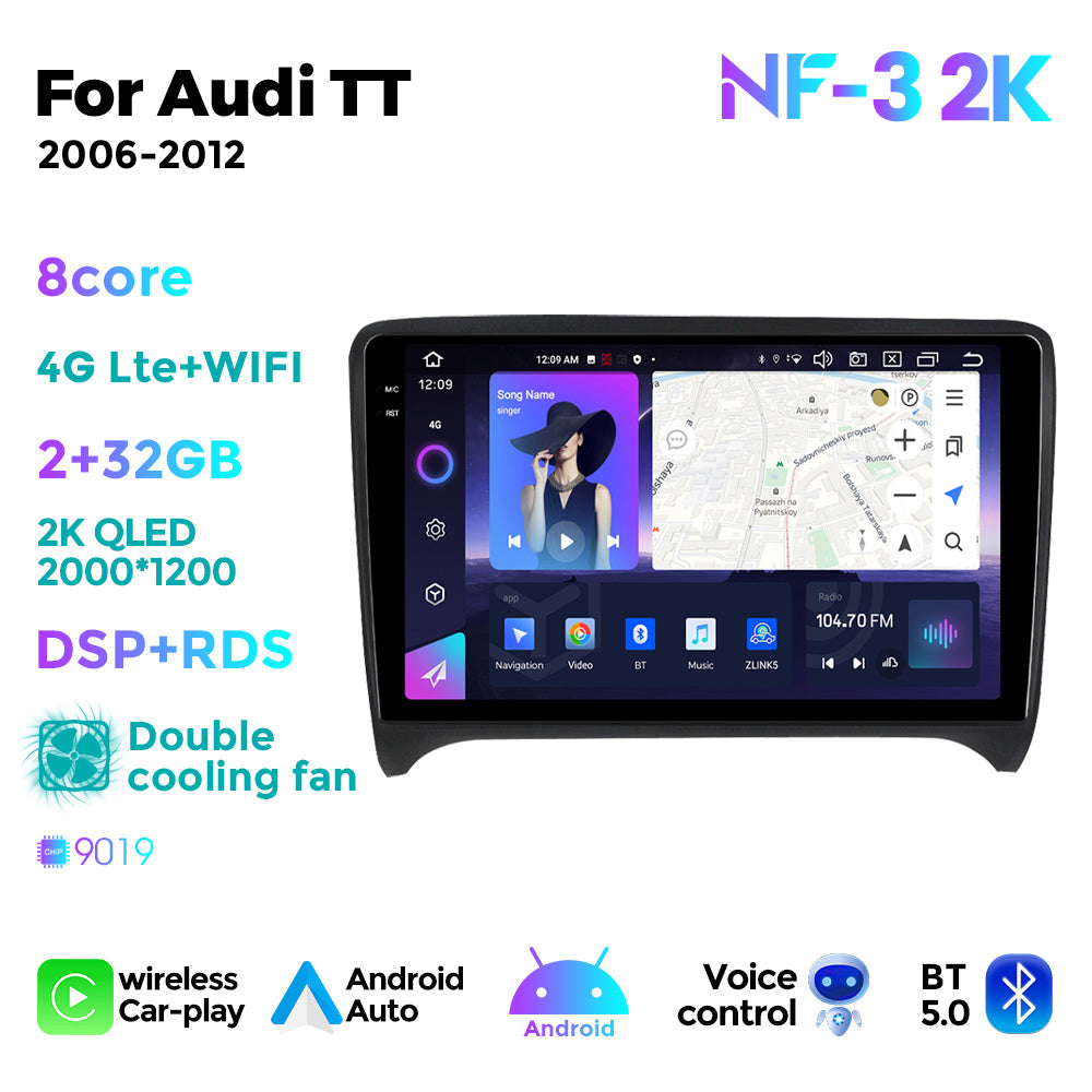 NaviFly NF Series Android 14 8G+256G 2K QLED screen CarPlay Auto DSP RDS 4GLte WIFI For Audi TT 2006-2012 9inch