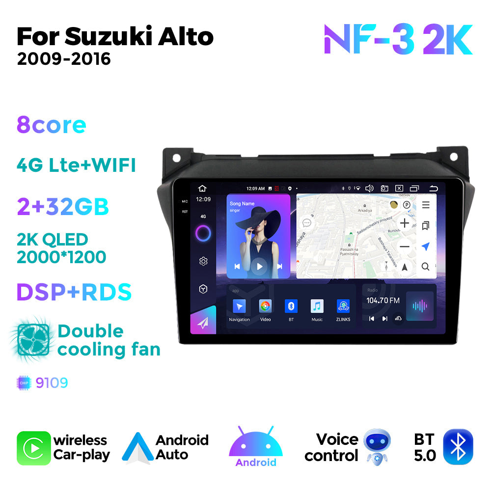 NaviFly NF Series Android 14 8G+256G 2K QLED screen CarPlay Auto DSP RDS 4GLte WIFI For Suzuki Alto 2009-2016 9inch