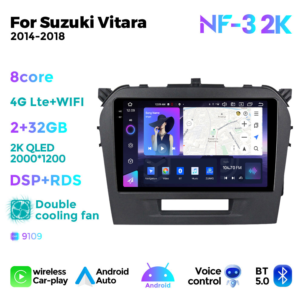 NaviFly NF Series Android 14 8G+256G 2K QLED screen CarPlay Auto DSP RDS 4GLte WIFI For Suzuki Vitara 2014-2018 9inch