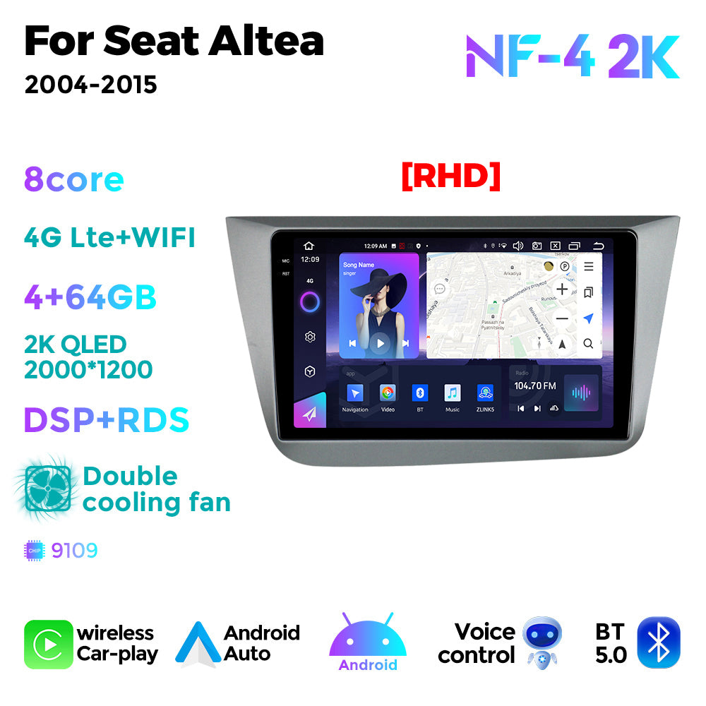 NaviFly NF Series Android 14 8G+256G 2K QLED screen CarPlay Auto DSP RDS 4GLte WIFI For Seat Altea 2004-2015 9inch