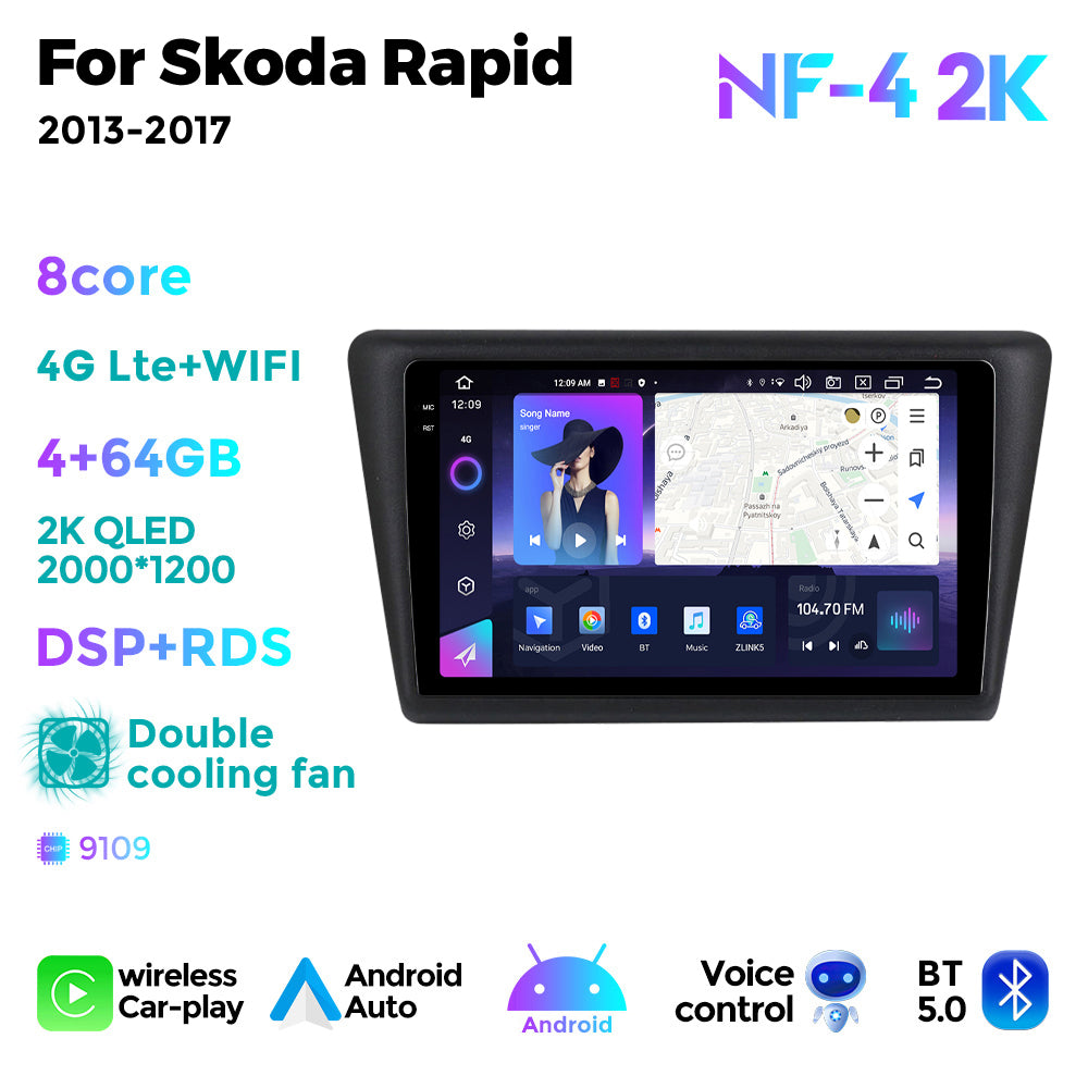 NaviFly NF Series Android 14 8G+256G 2K QLED screen CarPlay Auto DSP RDS 4GLte WIFI For Skoda Rapid 2013-2017 9inch