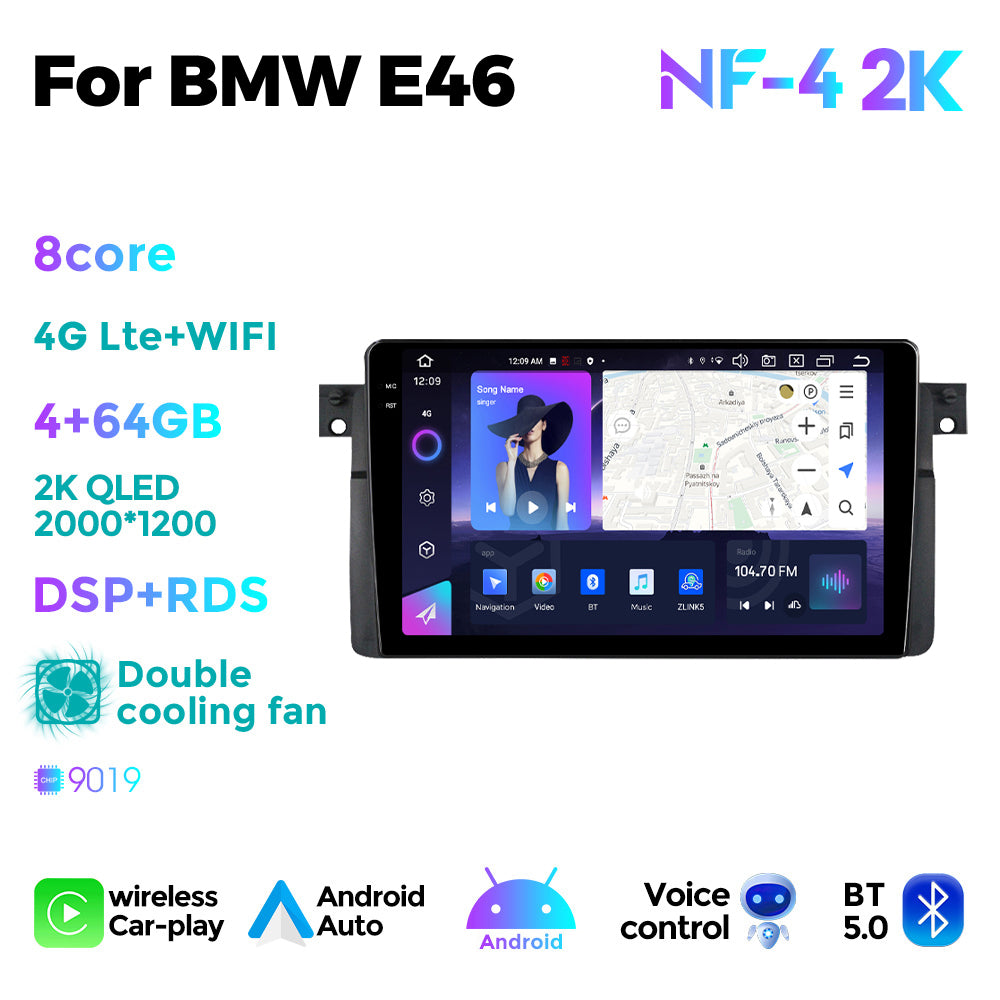 NaviFly NF Series Android 14 8G+256G 2K QLED screen CarPlay Auto DSP RDS 4GLte WIFI For BMW E46 9inch