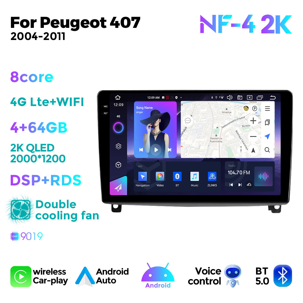 NaviFly NF Series Android 14 8G+256G 2K QLED screen CarPlay Auto DSP RDS 4GLte WIFI For Peugeot 407 2004-2011 9inch