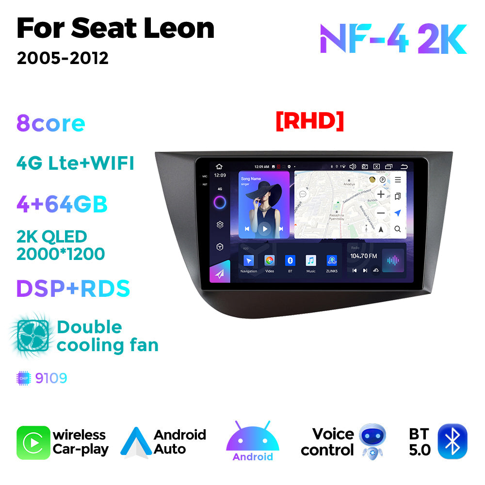 NaviFly NF Series Android 14 8G+256G 2K QLED screen CarPlay Auto DSP RDS 4GLte WIFI For Seat Leon 2005-2012 9inch