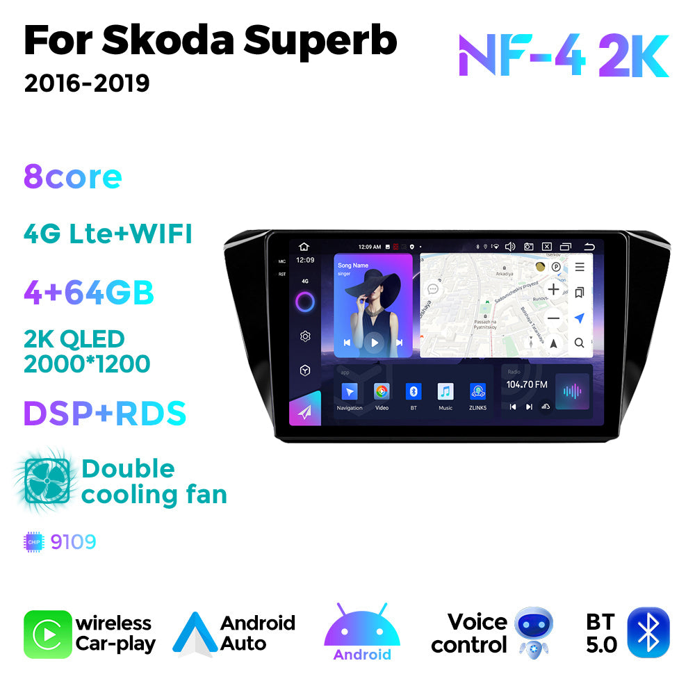 NaviFly NF Series Android 14 8G+256G 2K QLED screen CarPlay Auto DSP RDS 4GLte WIFI For Skoda Superb 2016-2019 10inch