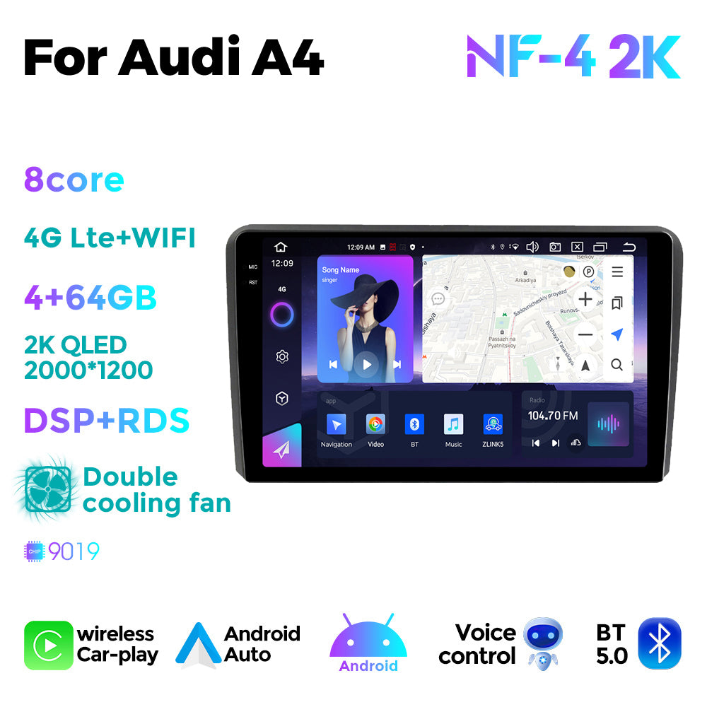 NaviFly NF Series Android 14 8G+256G 2K QLED screen CarPlay Auto DSP RDS 4GLte WIFI For Audi A4 9inch