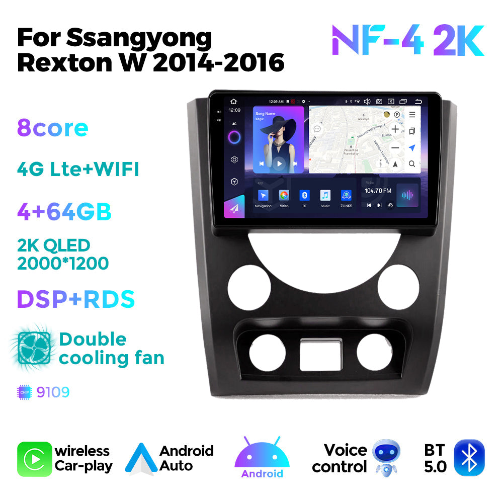 NaviFly NF Series Android 14 8G+256G 2K QLED screen CarPlay Auto DSP RDS 4GLte WIFI For Ssangyong Rexton W 2014-2016 9inch