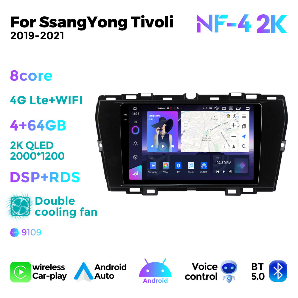 NaviFly NF Series Android 14 8G+256G 2K QLED screen CarPlay Auto DSP RDS 4GLte WIFI For SsangYong Tivoli 2019-2021 9inch