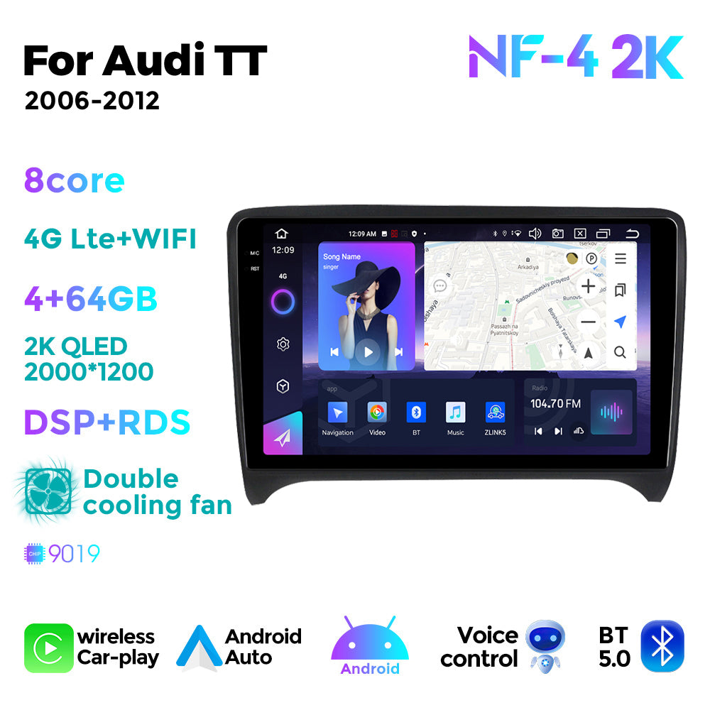 NaviFly NF Series Android 14 8G+256G 2K QLED screen CarPlay Auto DSP RDS 4GLte WIFI For Audi TT 2006-2012 9inch