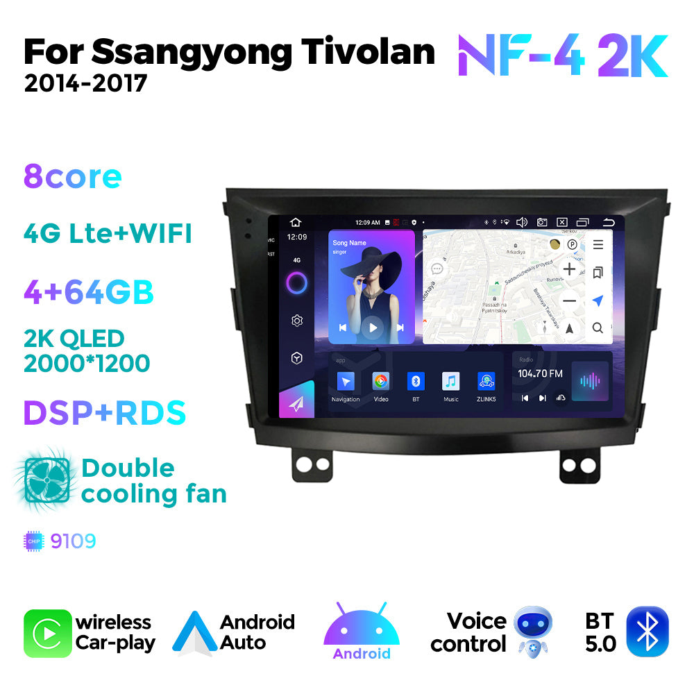 NaviFly NF Series Android 14 8G+256G 2K QLED screen CarPlay Auto DSP RDS 4GLte WIFI For Ssangyong Tivolan 2014-2017 9inch