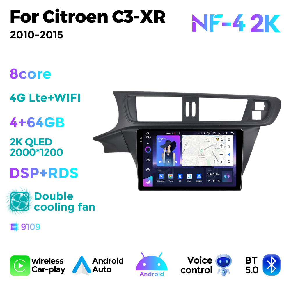 NaviFly NF Series Android 14 8G+256G 2K QLED screen CarPlay Auto DSP RDS 4GLte WIFI For Citroen C3-XR 2010-2015 10inch