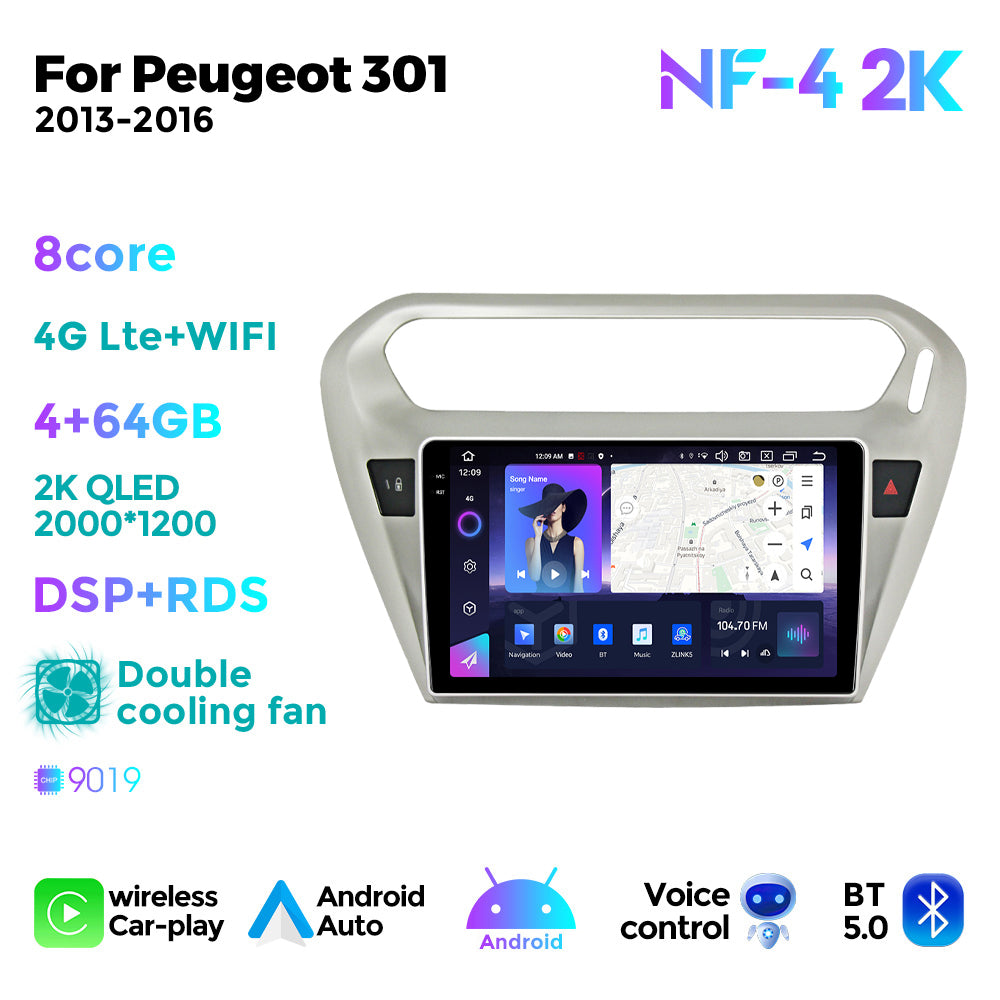 NaviFly NF Series Android 14 8G+256G 2K QLED screen CarPlay Auto DSP RDS 4GLte WIFI For Peugeot 301 2013-2016 9inch