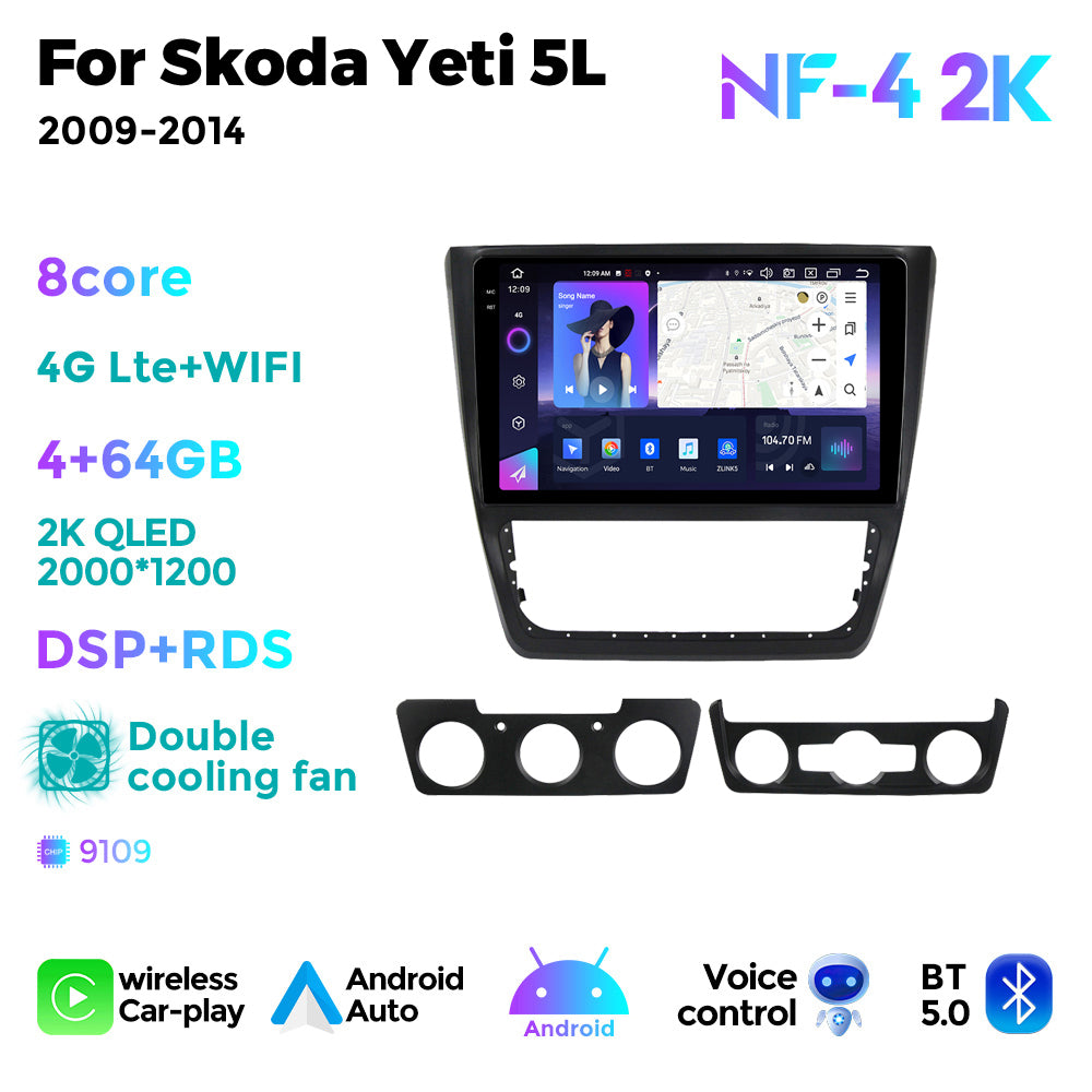 NaviFly NF Series Android 14 8G+256G 2K QLED screen CarPlay Auto DSP RDS 4GLte WIFI For Skoda Yeti 5L 2009-2014 10inch