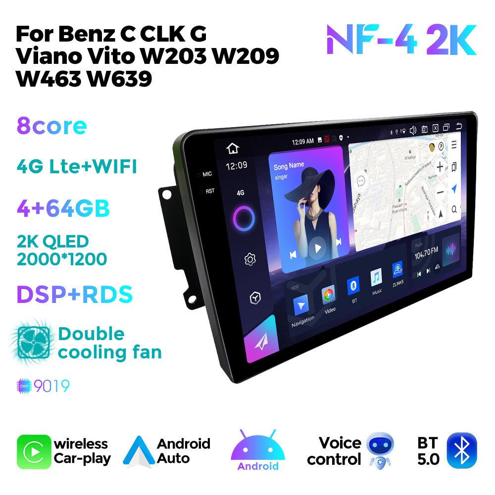 NaviFly NF Series Android 14 8G+256G 2K QLED screen CarPlay Auto DSP RDS 4GLte WIFI For Benz C CLK G Viano Vito W203 W209  W463 W639 9inch