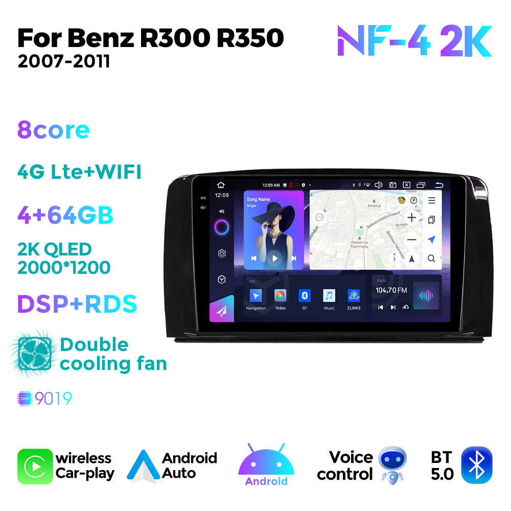 NaviFly NF Series Android 14 8G+256G 2K QLED screen CarPlay Auto DSP RDS 4GLte WIFI For Mercedes Benz R300 R350 2007-2011 9.5Inch