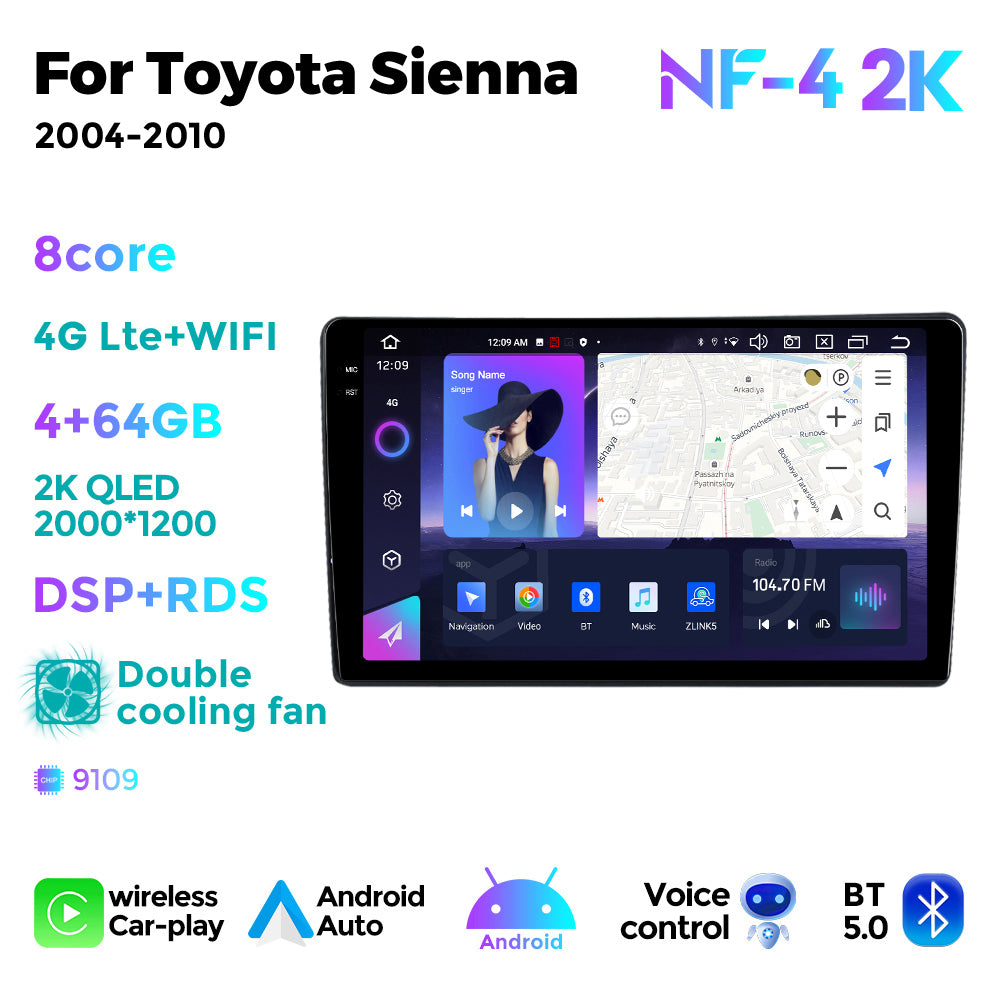 NaviFly NF Series Android 14 8G+256G 2K QLED screen CarPlay Auto DSP RDS 4GLte WIFI For Toyota Sienna 2004-2010 9inch